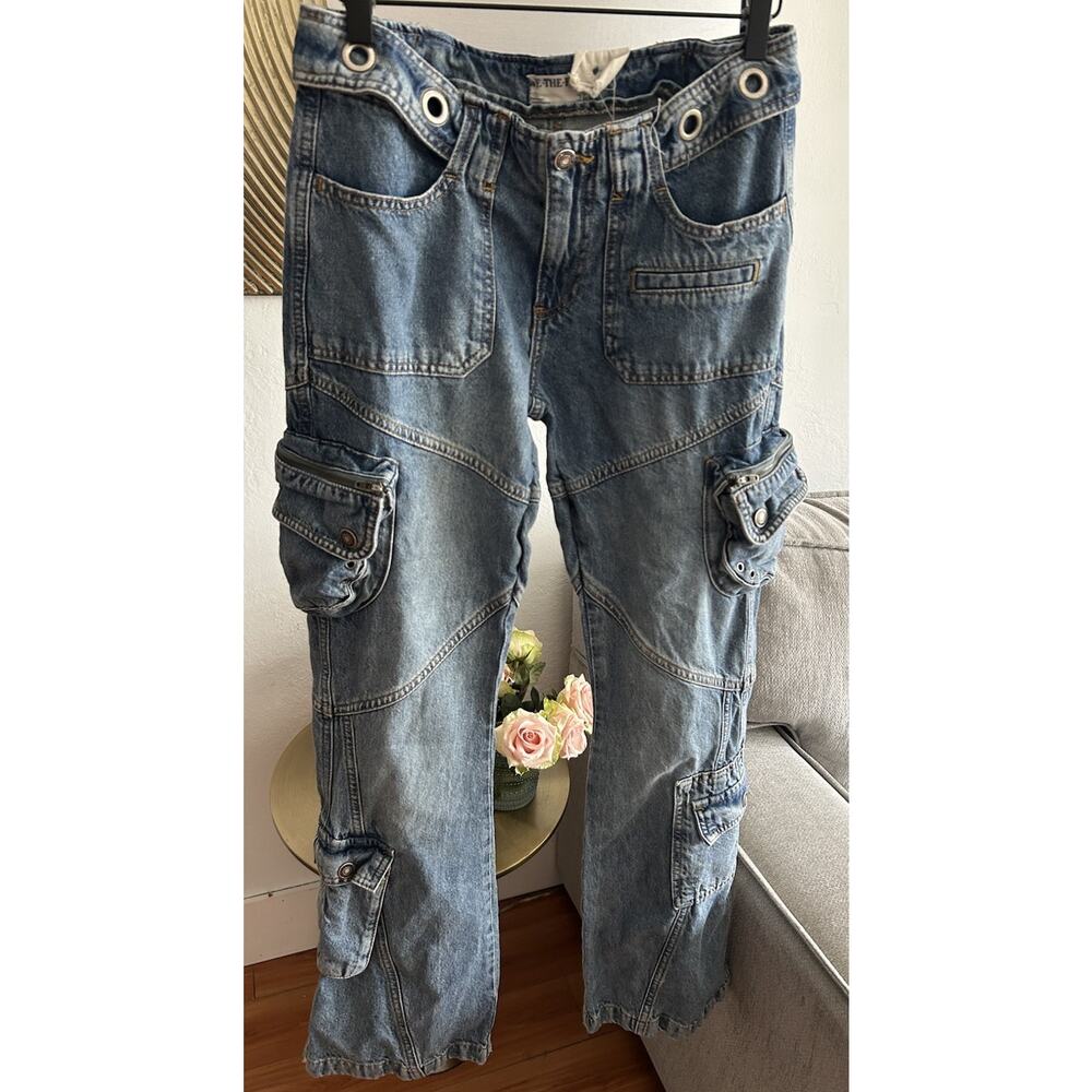 Free People Call Me Crazy Cargo Jeans 26 We The Free Grommet Waist Blue - Picture 3 of 16